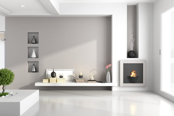 Minimalist living room with fireplace